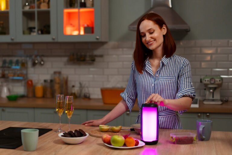 Image: A person joyfully preparing a meal with the Samsung Food App on their tablet, surrounded by fresh ingredients and kitchen utensils.