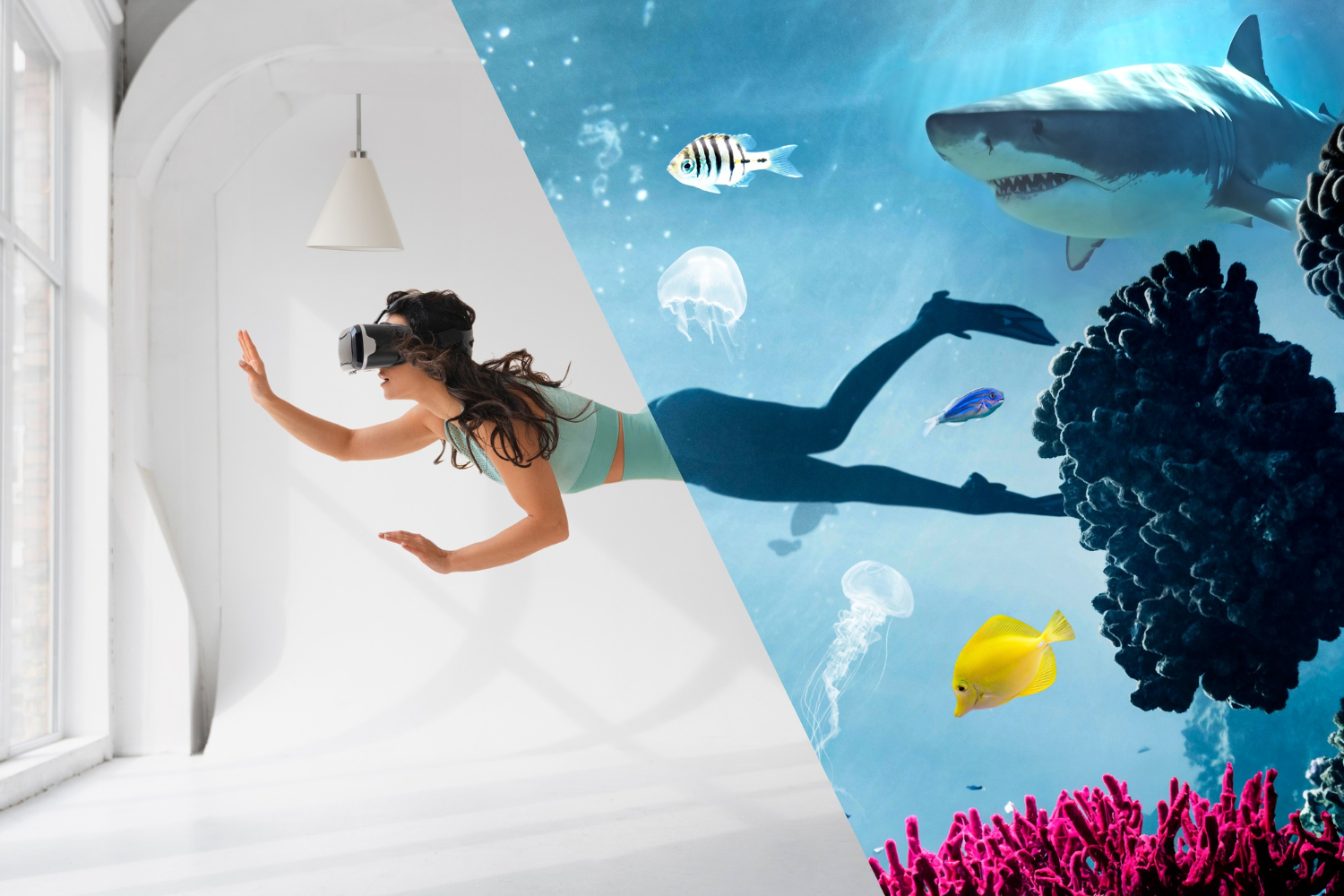 Scuba diver observing sharks in an underwater tunnel.