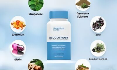 GLUCOTRUST bottle with natural ingredients and a healthy lifestyle in the background.