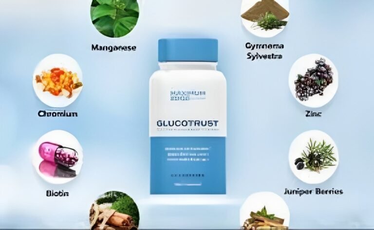 GLUCOTRUST bottle with natural ingredients and a healthy lifestyle in the background.